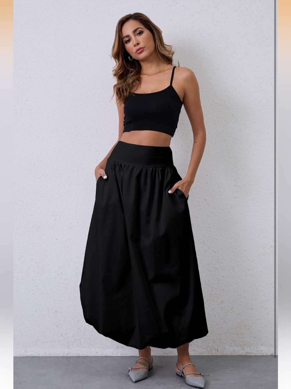 NWOT Women's Black High Wide Waist Bubble Maxi Skirt with Pockets Size Small - Picture 4 of 12